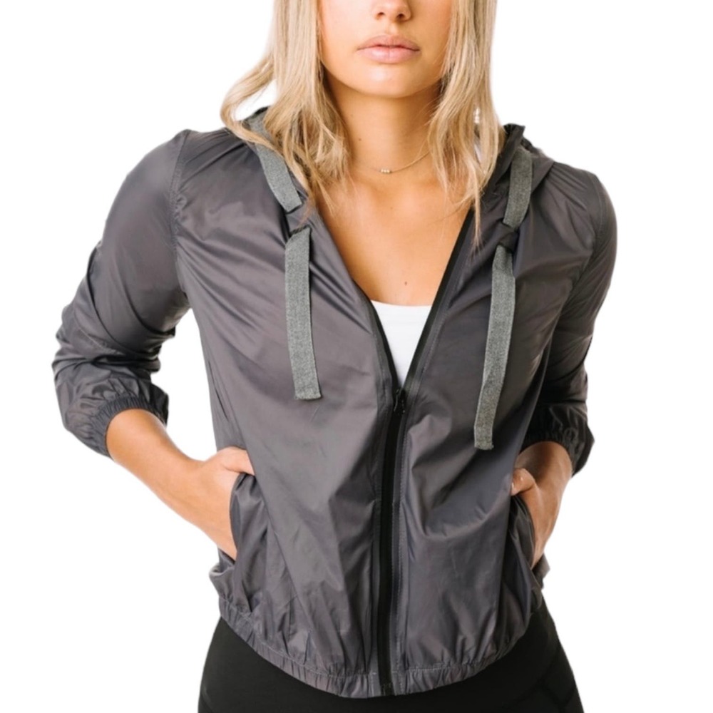 Zyia Gray Hoodie Drawstring Light Windbreaker Full Zip Packable XXL